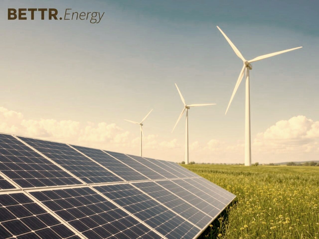 Solarpanele und Windkraftanlagen in einer grünen Landschaft unter blauem Himmel