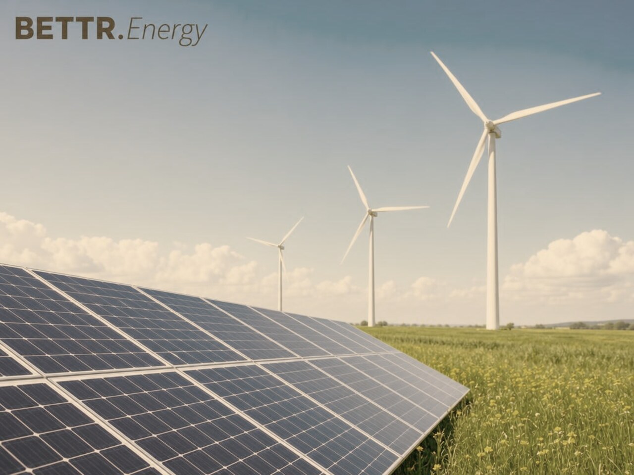 Solarpanele und Windkraftanlagen in einer grünen Landschaft unter blauem Himmel – BETTR.Energy