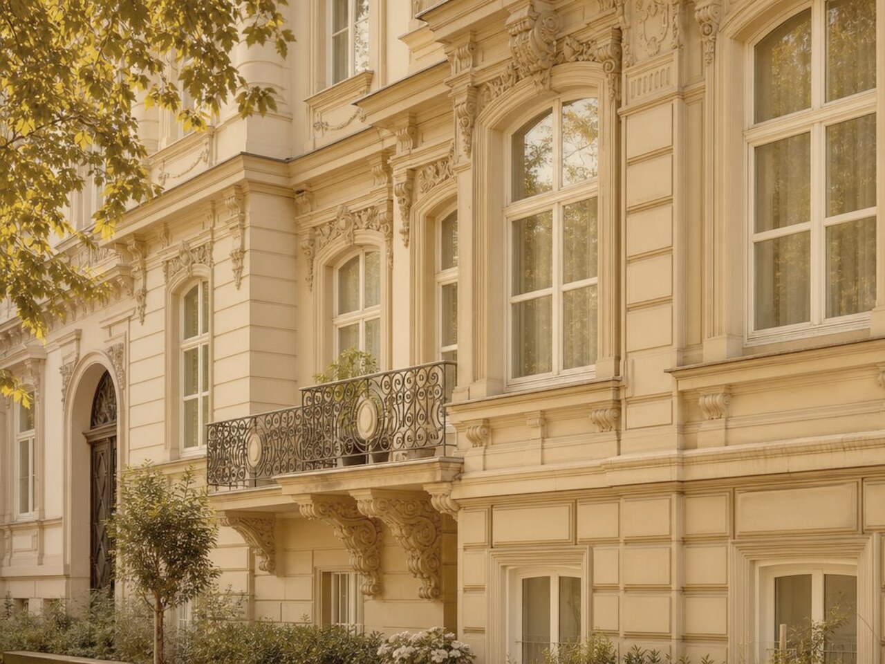 Luxuriöse historische Altbau-Fassade mit Stuckdetails und hohen Fensterbögen