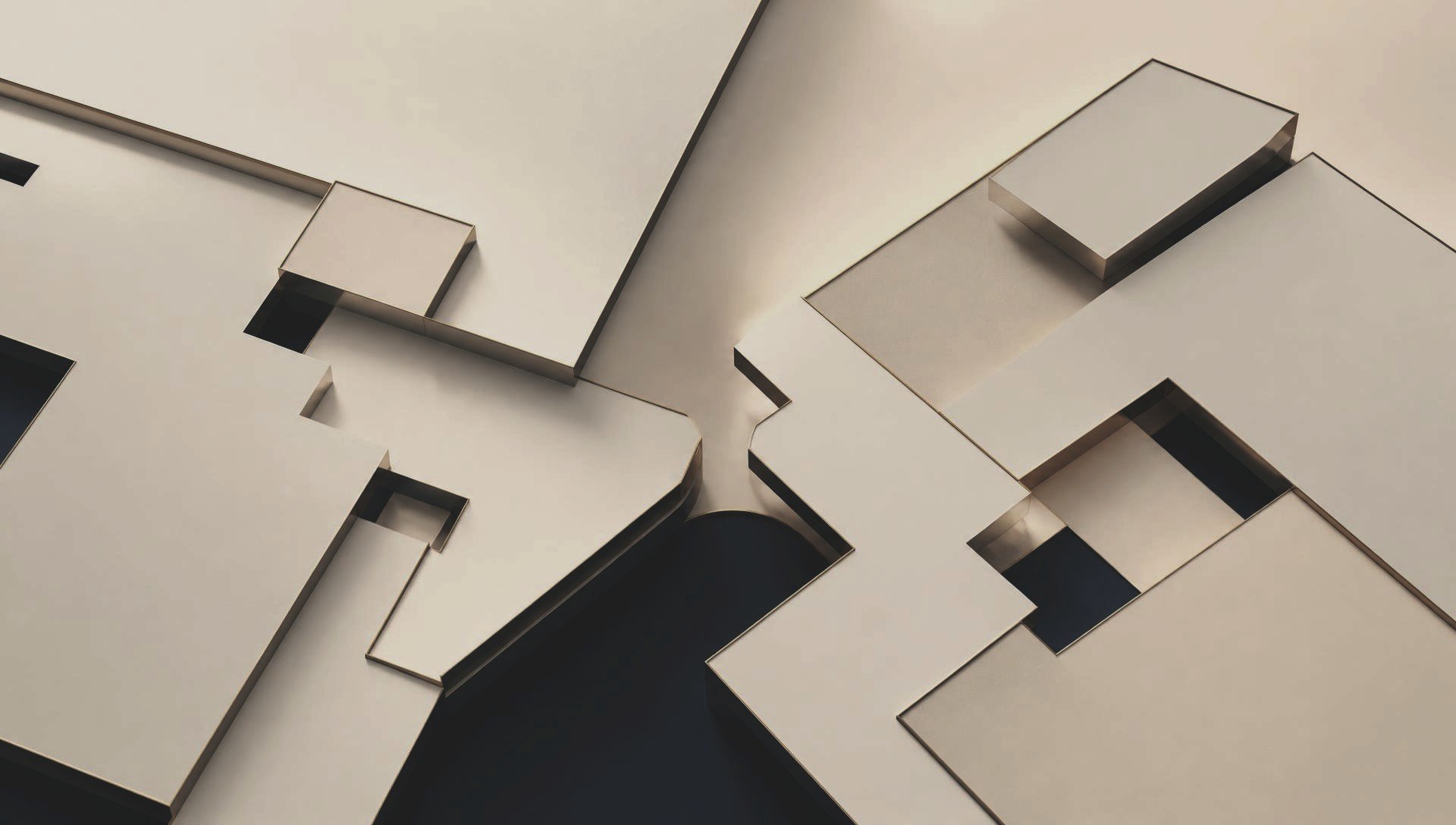 Abstrakte, minimalistische Architekturkomposition in Creme- und Beigetönen mit goldenen Kanten